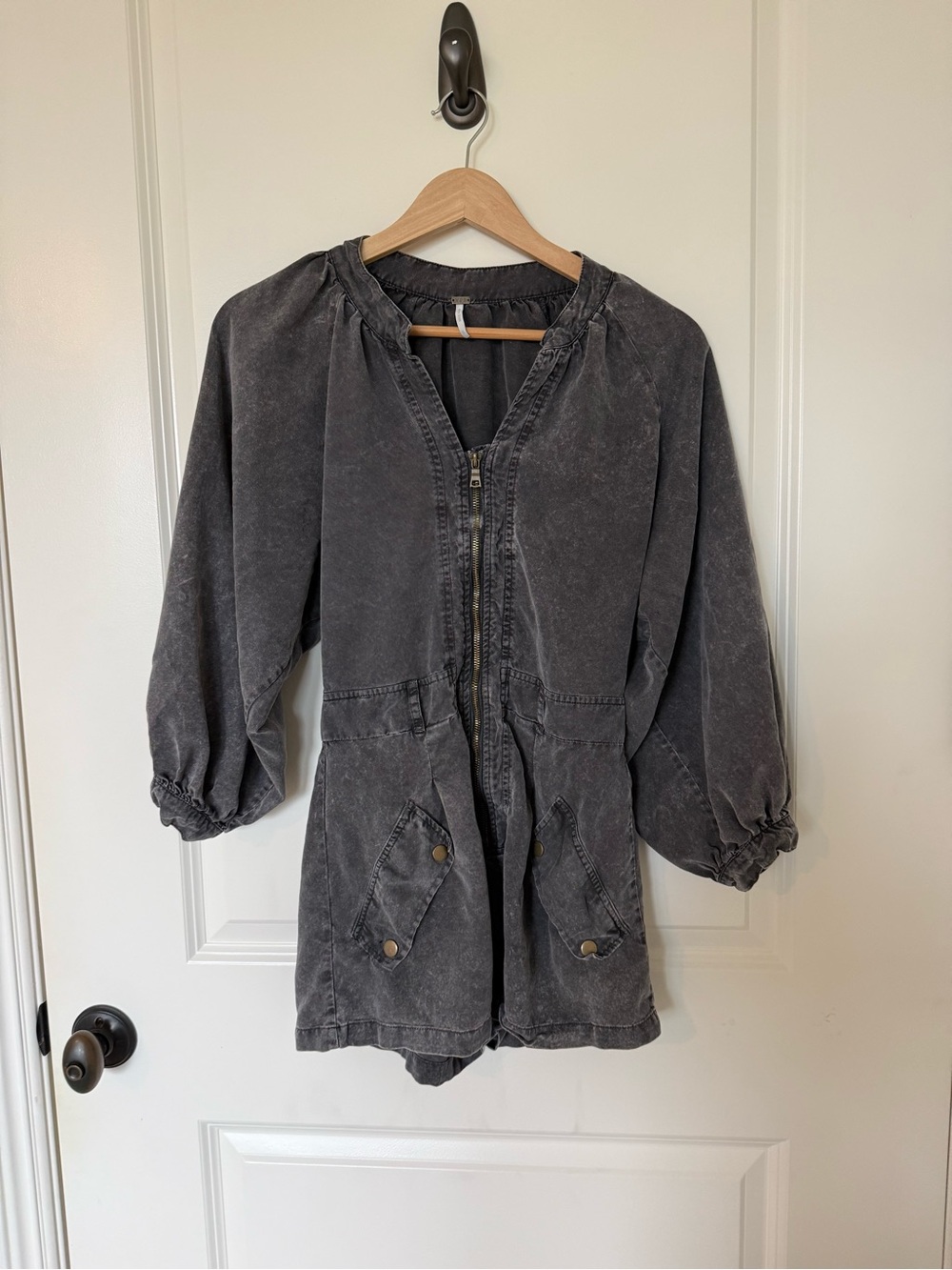 Young, Fabulous and Broke Washed Charcoal Zip Front Romper